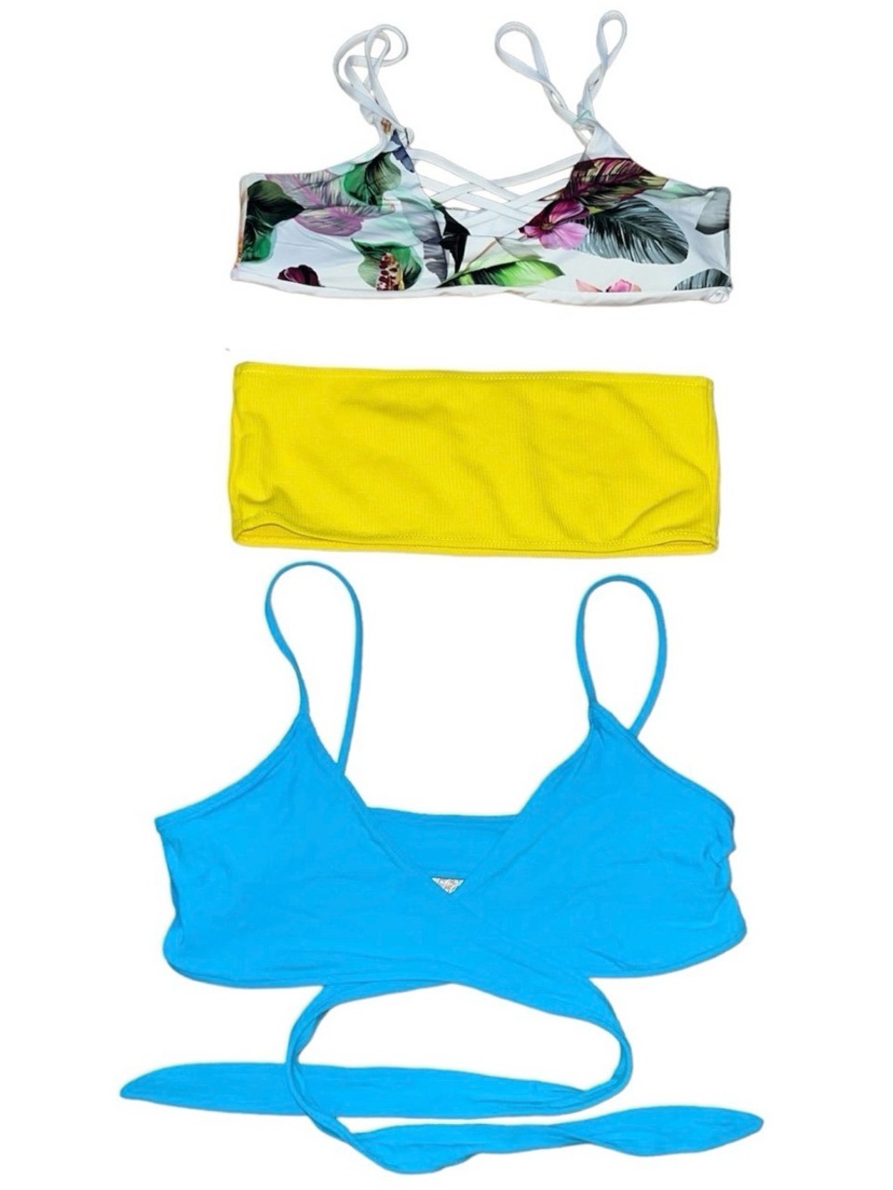 Bright Blue Wrap Bikini Top + Floral Top & Yellow Bandeau Set